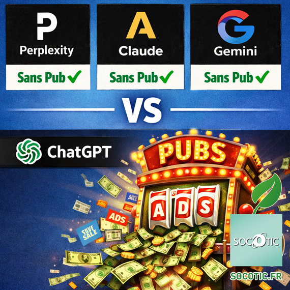 Photo illustrant la publicité dans chatGPT contrairement à Perplexité, Claude et Gemini | Actu SOCOTIC web & digital