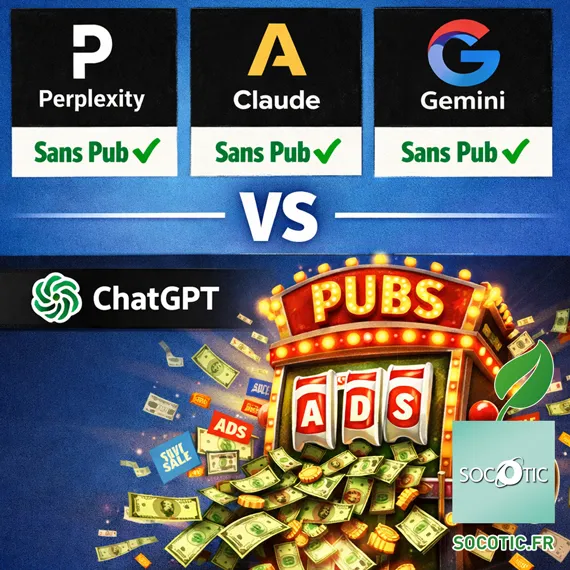 Photo illustrant la publicité dans chatGPT contrairement à Perplexité, Claude et Gemini | Actu SOCOTIC web & digital